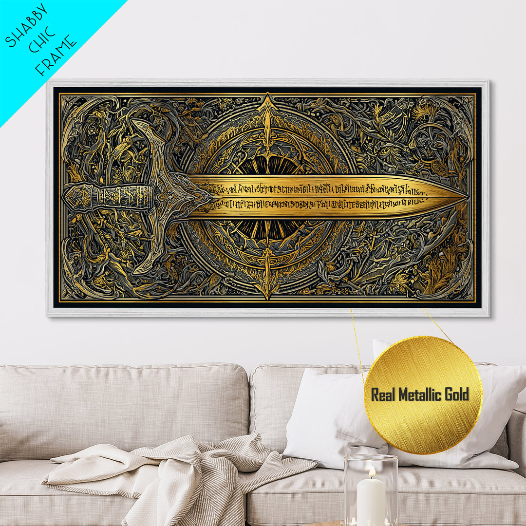 Metallic Gold Metal Print of Ornate Sword and Compass Design, Engraved Blade and Decorative Frame, Wood Framed Map Wall Décor