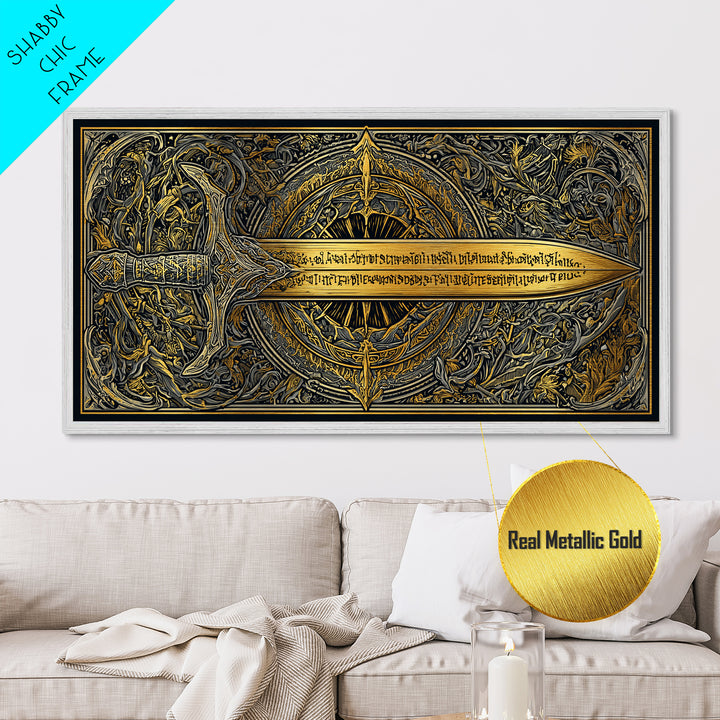 Metallic Gold Metal Print of Ornate Sword and Compass Design, Engraved Blade and Decorative Frame, Wood Framed Map Wall Décor