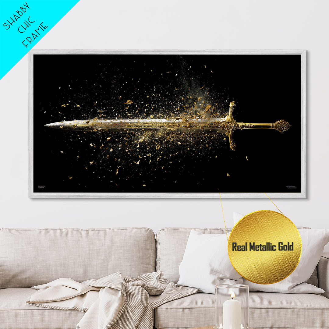 Metallic Gold Art of Shattering Sword in Mid-Air, Detailed Blade Explosion and Dark Background, Wood Framed Map Wall Art Display