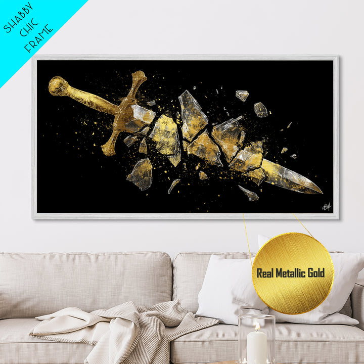 Metallic Gold Metal Print of Broken Sword in Fragments, Detailed Golden Hilt and Blade Shards, Wood Framed Map Wall Décor Accent