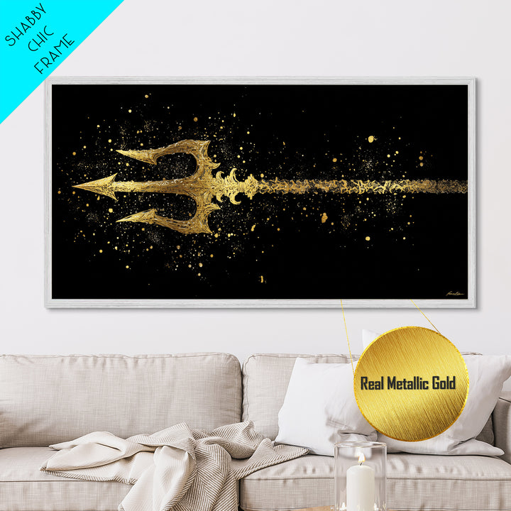 Metallic Gold Art of Decorative Trident in Motion, Splatter Effect on Black Background, Wood Framed Map Wall Art for Nautical Themes
