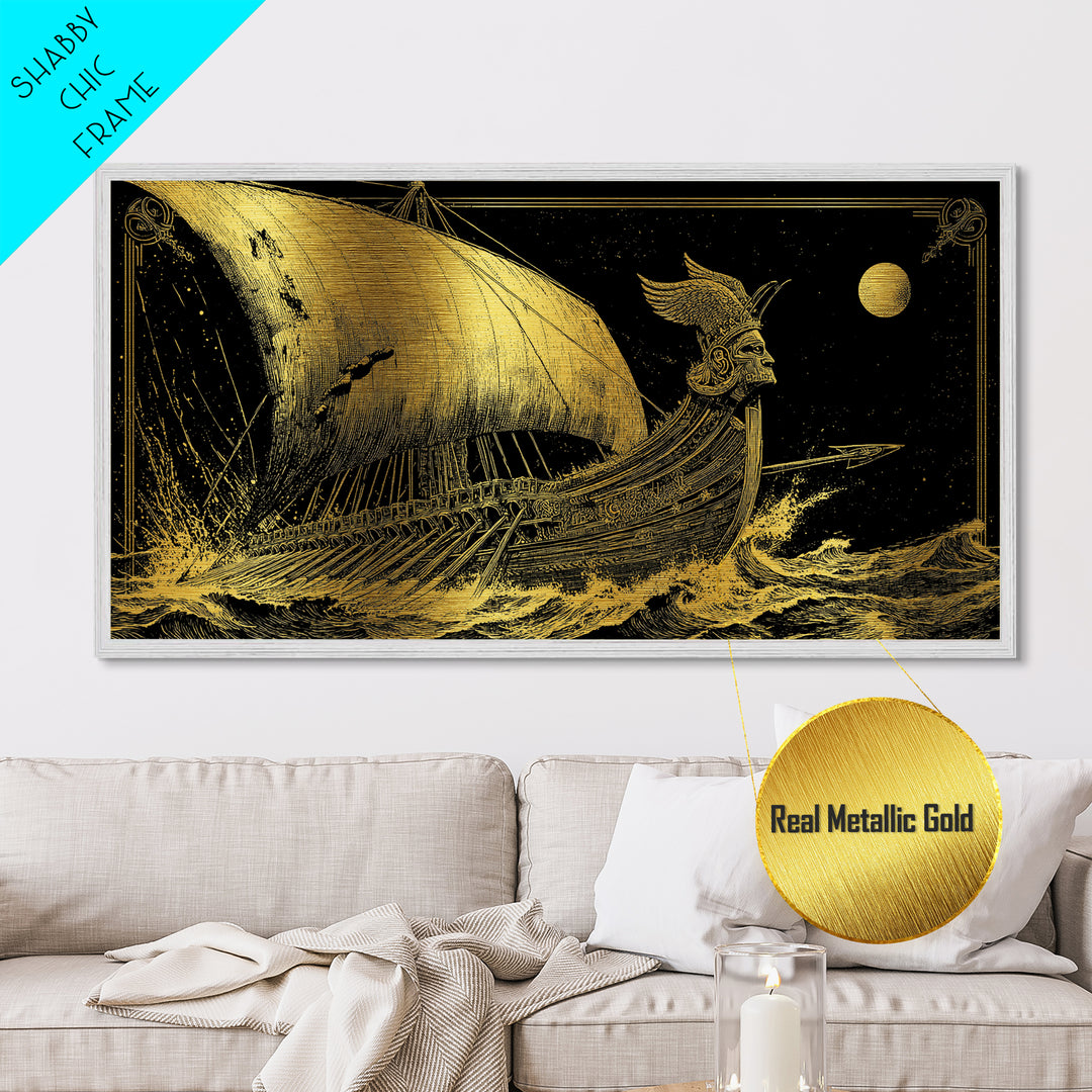Metallic Gold Metal Print of Ancient Greek Warship at Sea, Detailed Engraving Style and Waves, Wood Framed Map Wall Art for History