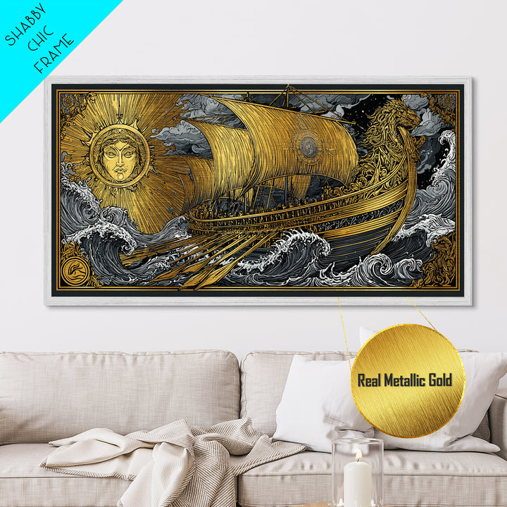 Metallic Gold Art of Sun and Ship Scene, Lion Figurehead and Ocean Waves, Detailed Decorative Style, Wood Framed Map Wall Décor
