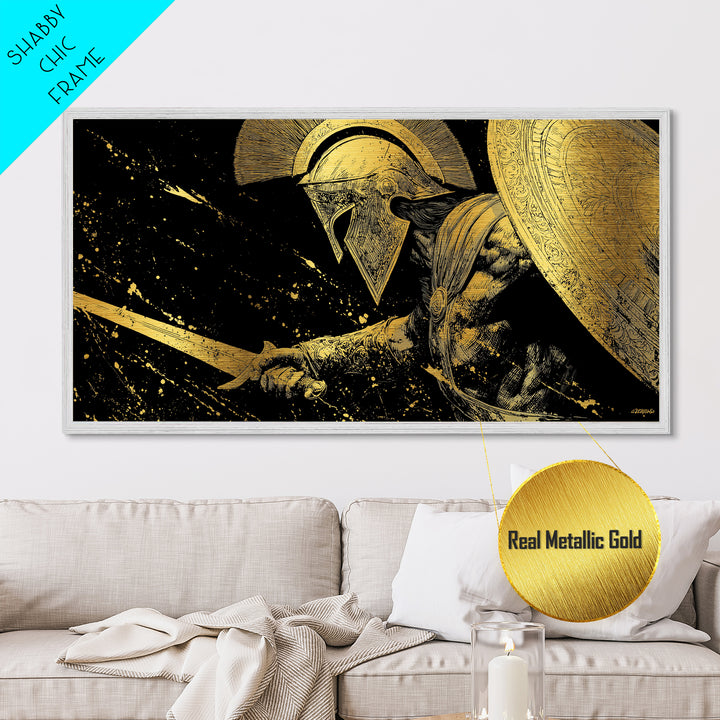 Metallic Gold Metal Print of Spartan Warrior in Battle Pose, Detailed Shield and Sword, Splatter Background, Wood Framed Map Wall Art