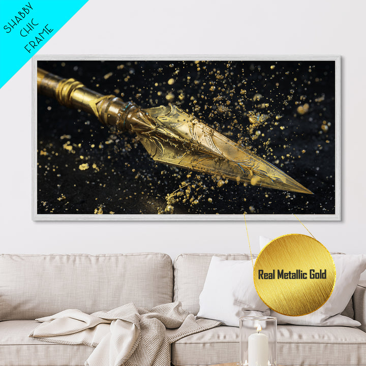 Ornate Golden Spearhead, Metallic Gold Art, Real Wood Frame, Close-Up Weapon Detail, Mythology Inspired Wall Decor