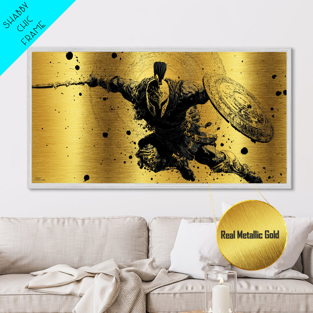 Metallic Gold Art of Spartan Soldier Leaping Forward with Spear and Shield, Decorative Armor and Mandala, Wood Framed Map Wall Décor