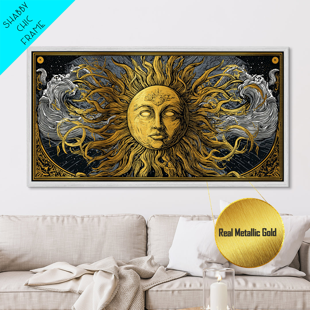 Metallic Gold Metal Print of Sun Face with Flowing Hair and Ocean Waves, Detailed Mythological Design, Wood Framed Map Wall Décor