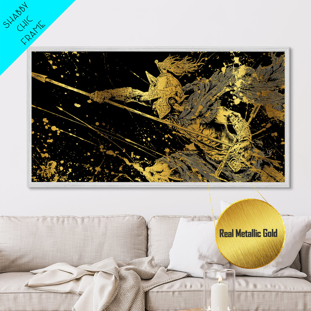 Metallic Gold Art of Warrior with Flowing Cape and Spear, Ornate Armor and Dynamic Battle Pose, Wood Framed Map Wall Art for History