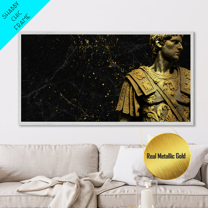 Ancient Roman Emperor Statue Metallic Gold Metal Print, Luxurious Black Marble Background, Classical Warrior Art, Regal Home Decor