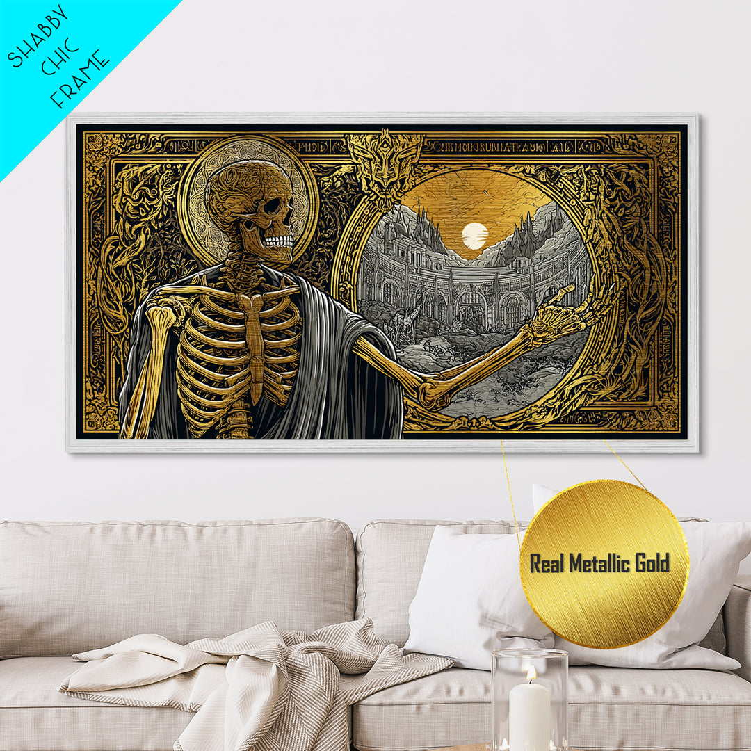 Skeleton Pointing to Ancient Arena Metallic Gold Art, Gothic Medieval Scene, Ornate Frame Design, Dark Fantasy Wall Decor