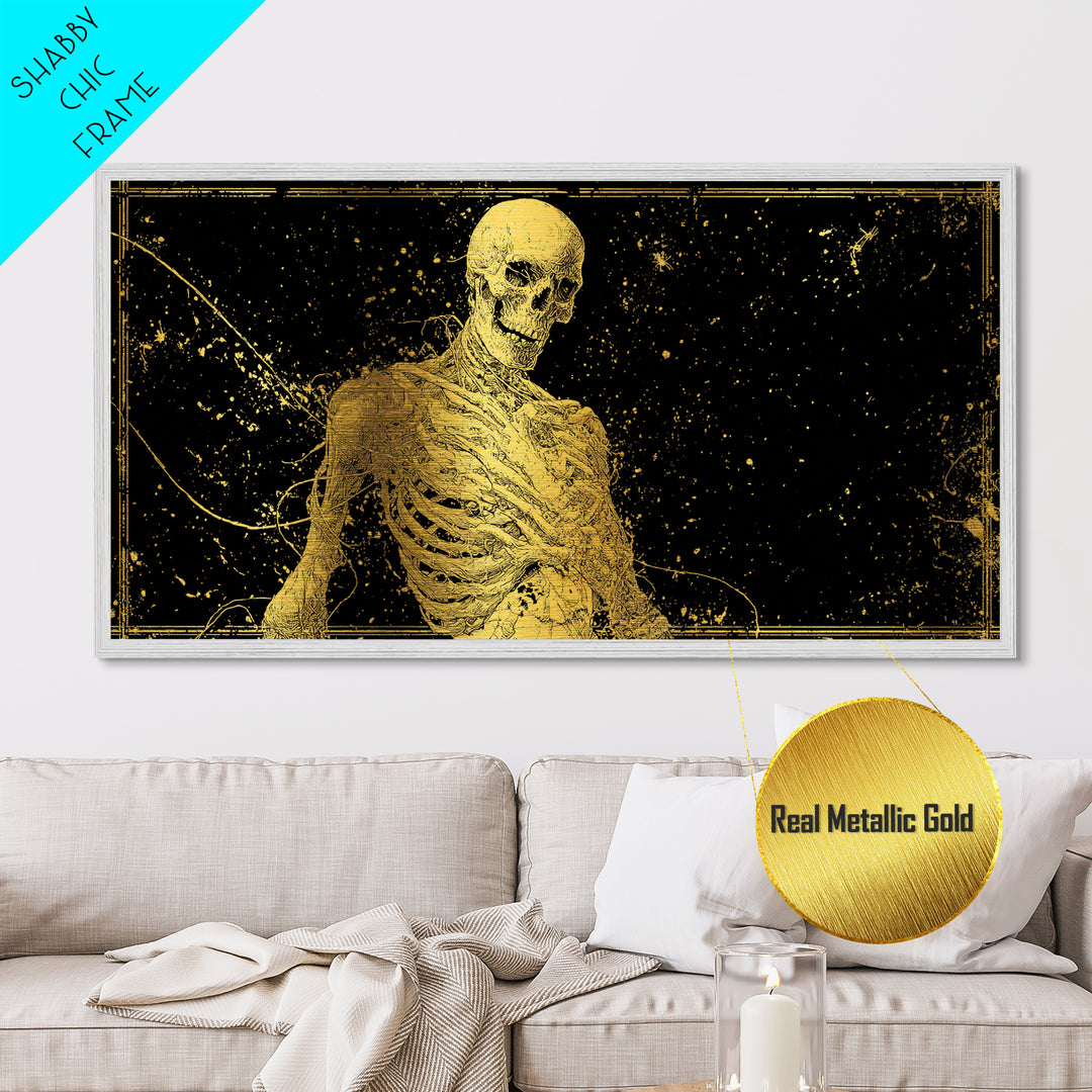 Golden Anatomical Skeleton on Black Starfield Metallic Gold Metal Print, Macabre Anatomy Illustration, Gothic Horror Home Art