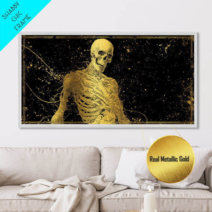 Golden Anatomical Skeleton on Black Starfield Metallic Gold Metal Print, Macabre Anatomy Illustration, Gothic Horror Home Art