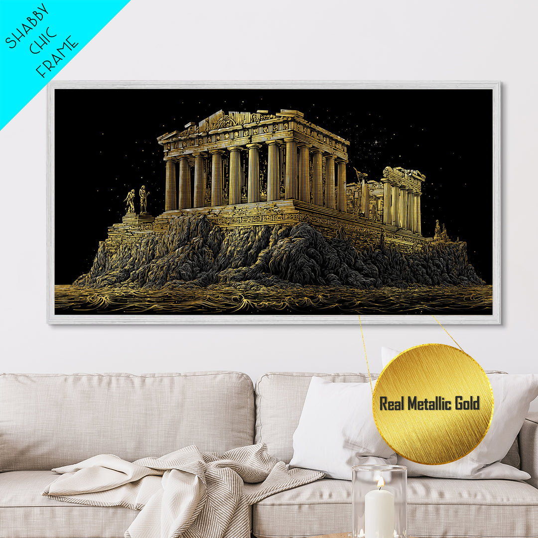 Ancient Greek Temple on Rocky Shore Metallic Gold Metal Print, Classical Architecture Illustration, Historic Landmark Wall Art