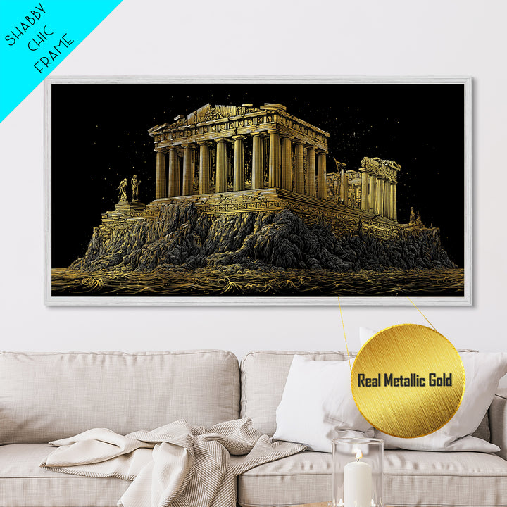 Ancient Greek Temple on Rocky Shore Metallic Gold Metal Print, Classical Architecture Illustration, Historic Landmark Wall Art