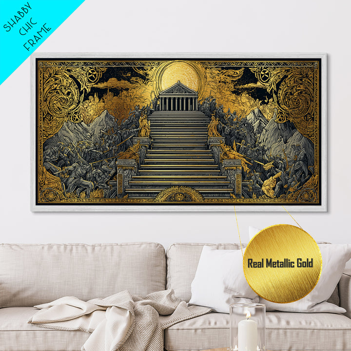 Mythic Battle at Temple Stairs Metallic Gold Art, Epic Fantasy Scene, Heroic Warriors and Gods, Dramatic Home Wall Decor