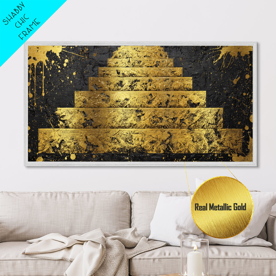 Ancient War Scene on Pyramid Steps Metallic Gold Metal Print, Historic Battle Relief Sculpture, Regal Classical Home Art