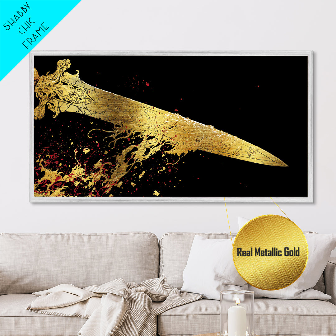 Golden Ornate Sword, Metallic Gold Metal Print, Real Wood Frame, Dramatic Fantasy Weapon Art, Mythology Wall Decor