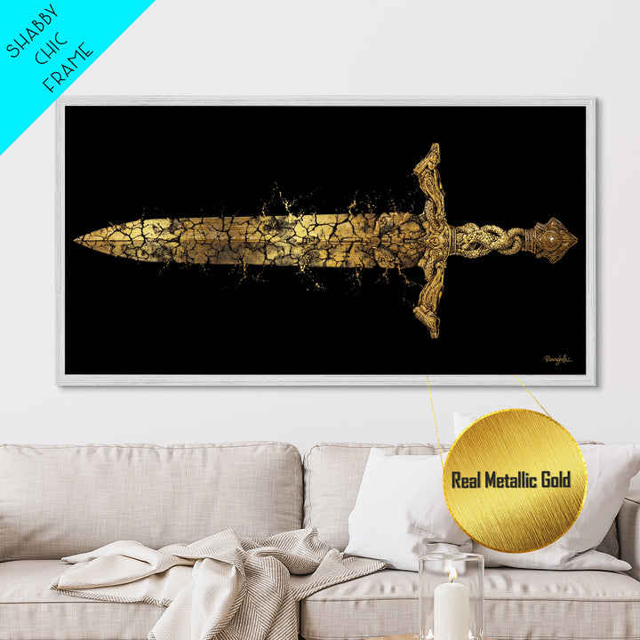 Cracked Ancient Sword Metallic Gold Metal Print, Legendary Fantasy Weapon, Weathered Epic Blade, Gothic Home Wall Art