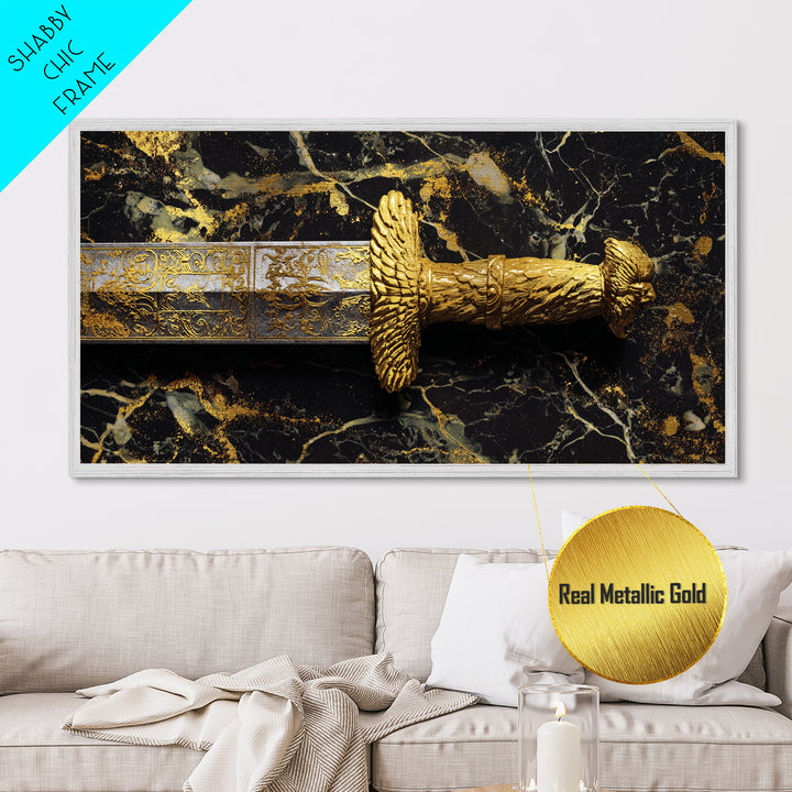 Golden Sword Hilt with Lion Design Metallic Gold Art, Ornate Weapon Photography, Luxurious Warrior Decor, Classical Battle Theme