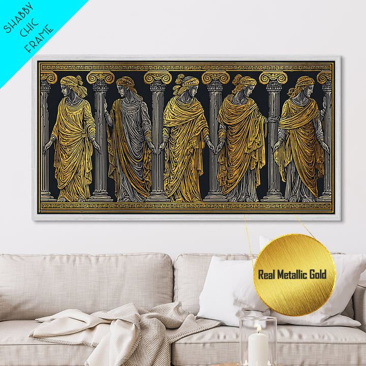 Ancient Greek Caryatid Columns, Detailed Architecture Wall Decor, Metallic Gold Metal Print, Classical Sculpture Artwork