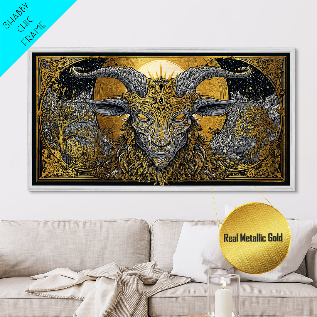 Mythical Goat Head Artwork, Intricate Horned Beast Design, Metallic Gold Art, Fantasy Wall Decor, Dark Gothic Illustration