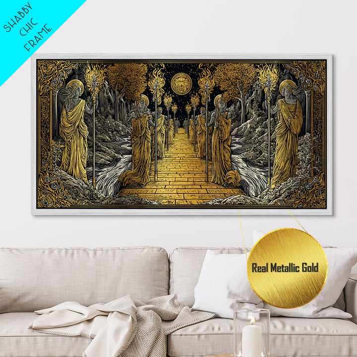 Greek Torchbearer Pathway Scene, Mythic Procession Illustration, Metallic Gold Art, Ancient Greece Wall Decor, Temple Artwork