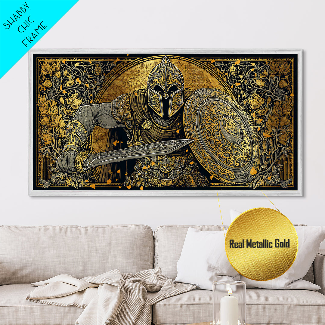 Ancient Greek Warrior With Sword And Shield, Intricate Armor Design, Metallic Gold Metal Print, Classical Battle Wall Art