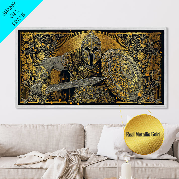 Ancient Greek Warrior With Sword And Shield, Intricate Armor Design, Metallic Gold Metal Print, Classical Battle Wall Art