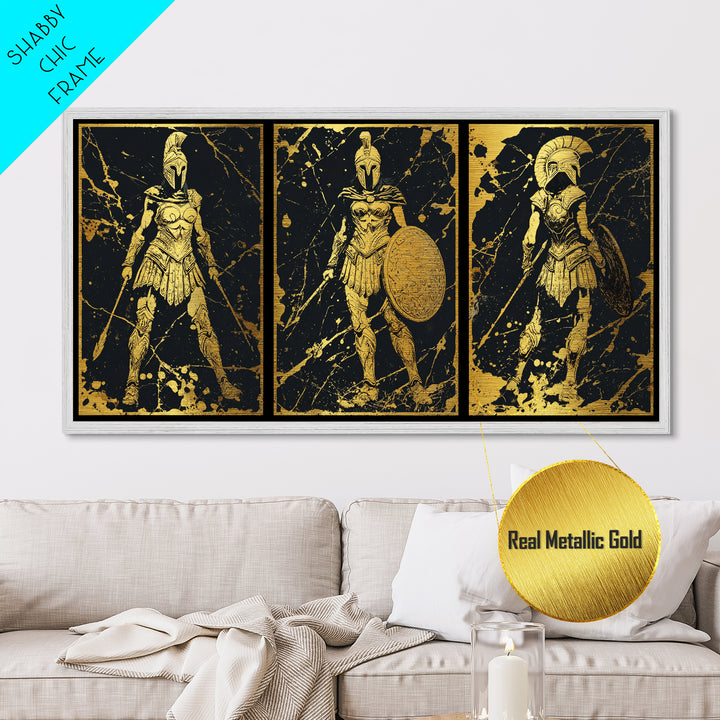 Greek Warrior Triptych Print, Spartan Female Soldiers Artwork, Metallic Gold Art, Ancient Greece Wall Decor, Mythic Battle Scene