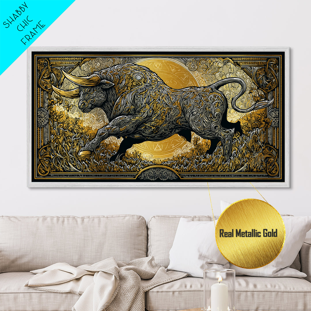 Golden Bull In Ornate Frame, Metallic Gold Art, Real Wood Frame, Symbolic Animal Wall Decor, Strength And Power