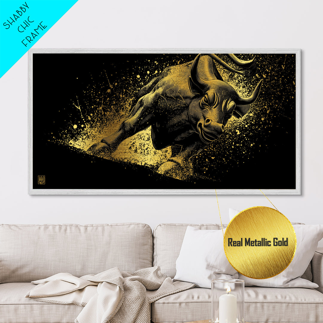 Charging Golden Bull, Metallic Gold Metal Print, Real Wood Frame, Dynamic Animal Wall Art, Powerful Bull Illustration