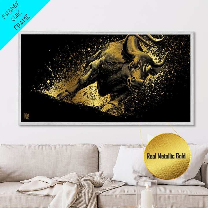Charging Golden Bull, Metallic Gold Metal Print, Real Wood Frame, Dynamic Animal Wall Art, Powerful Bull Illustration