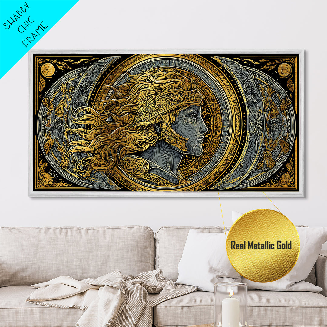 Greek God Profile Illustration, Flowing Hair And Crescent Moons, Metallic Gold Metal Print, Classical Mythology Wall Artwork