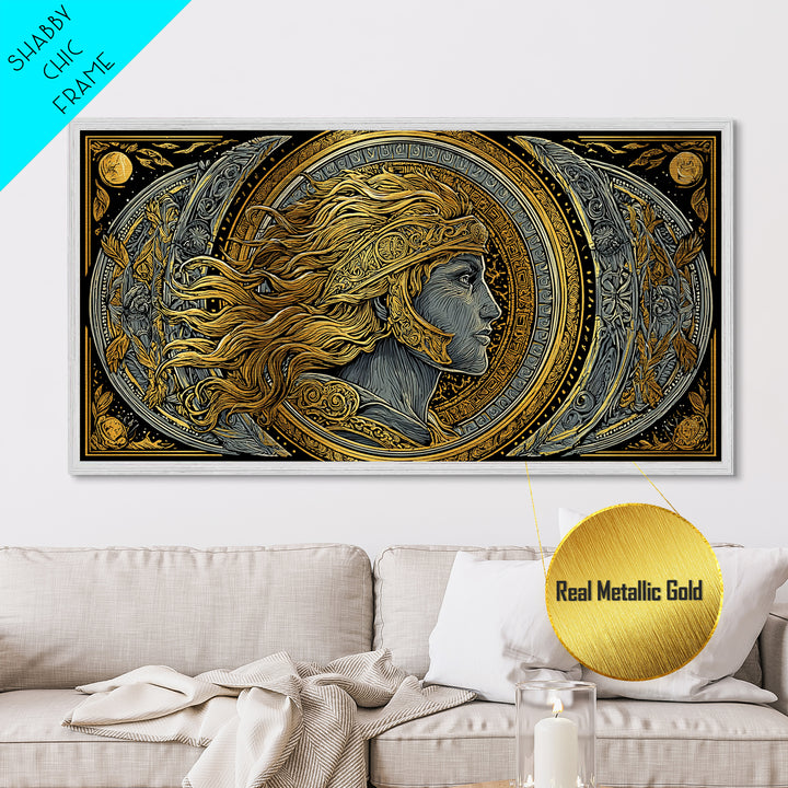 Greek God Profile Illustration, Flowing Hair And Crescent Moons, Metallic Gold Metal Print, Classical Mythology Wall Artwork