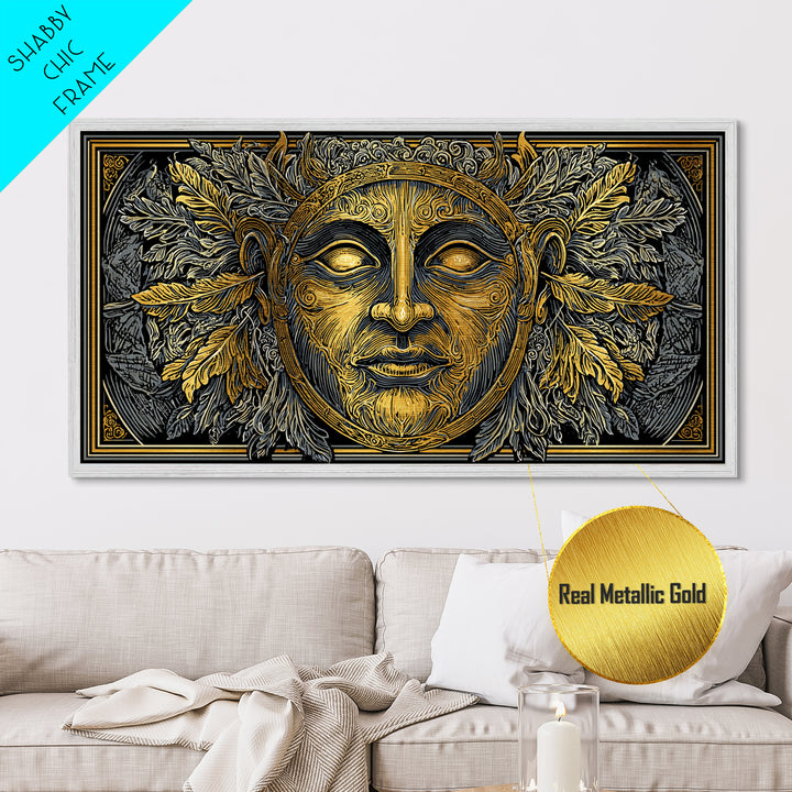 Mythic Sun God Face Artwork, Ornate Leaf And Feather Design, Metallic Gold Metal Print, Ancient Greece Wall Decor, Celestial Art