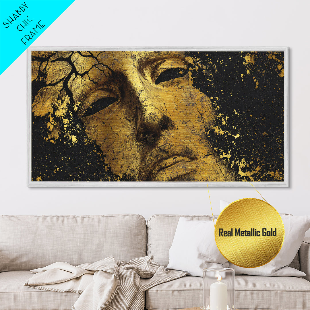 Cracked Golden Face Sculpture, Ancient Greek Mask Artwork, Metallic Gold Art, Classical Wall Decoration, Timeless Antiquity Print
