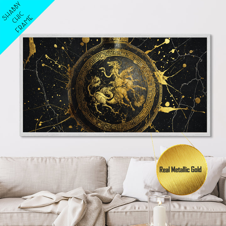 Greek Amphora Mythological Battle Scene, Metallic Gold Art, Ancient Greek Pottery Design, Classic Museum Style Wall Decor Print