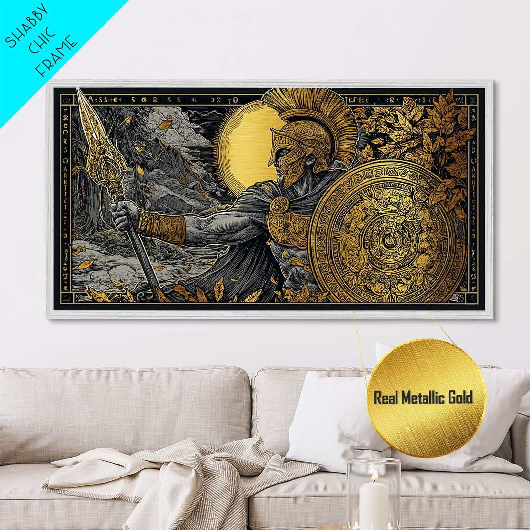 Ares Greek Warrior God With Spear And Shield, Metallic Gold Art, Heroic Mythological Wall Decor, Luxury Classical Home Accent