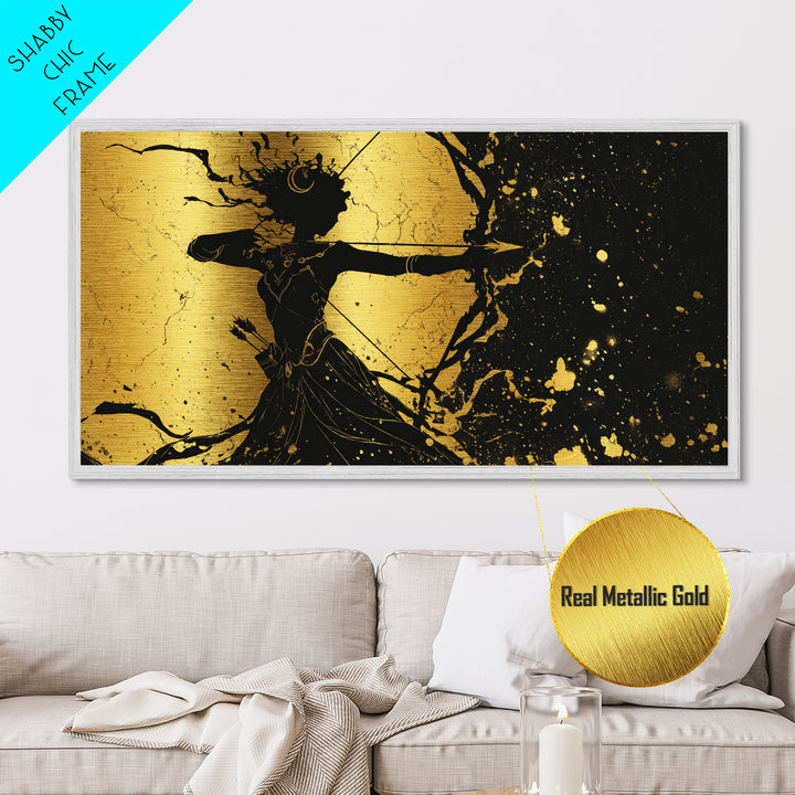 Artemis Goddess Of The Hunt And Moon, Metallic Gold Art, Elegant Greek Mythology Wall Decor, Celestial Classical Home Accent