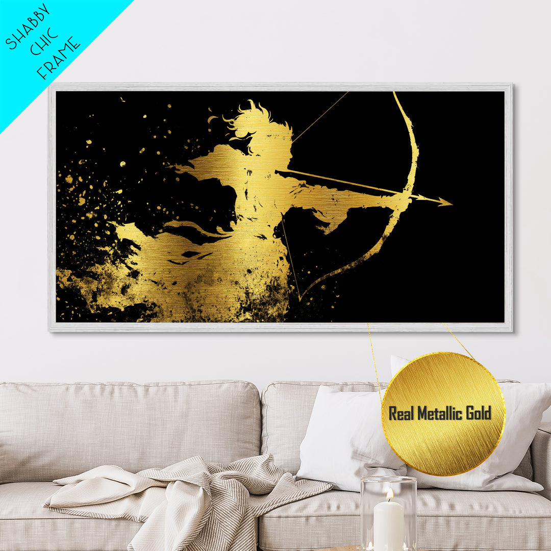 Artemis Greek Huntress Goddess Silhouette, Metallic Gold Metal Print, Moonlit Mythology Wall Art, Elegant Classic Home Design