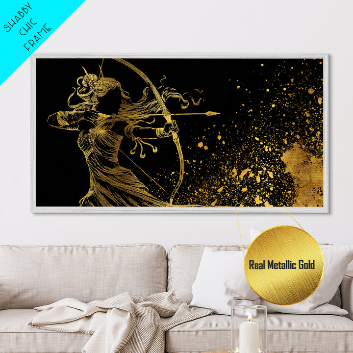 Artemis Greek Goddess Archer Silhouette, Metallic Gold Art, Celestial Mythology Wall Decor, Elegant Classical Home Accent Piece