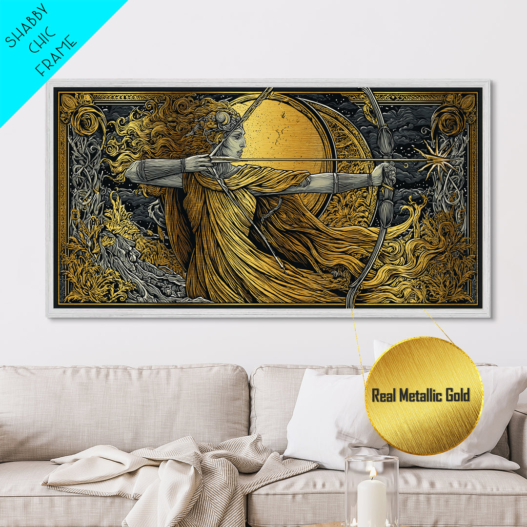 Artemis Goddess Archer With Golden Moon, Metallic Gold Metal Print, Greek Mythology Wall Art, Classic Elegant Home Decor Piece