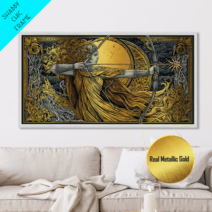 Artemis Goddess Archer With Golden Moon, Metallic Gold Metal Print, Greek Mythology Wall Art, Classic Elegant Home Decor Piece