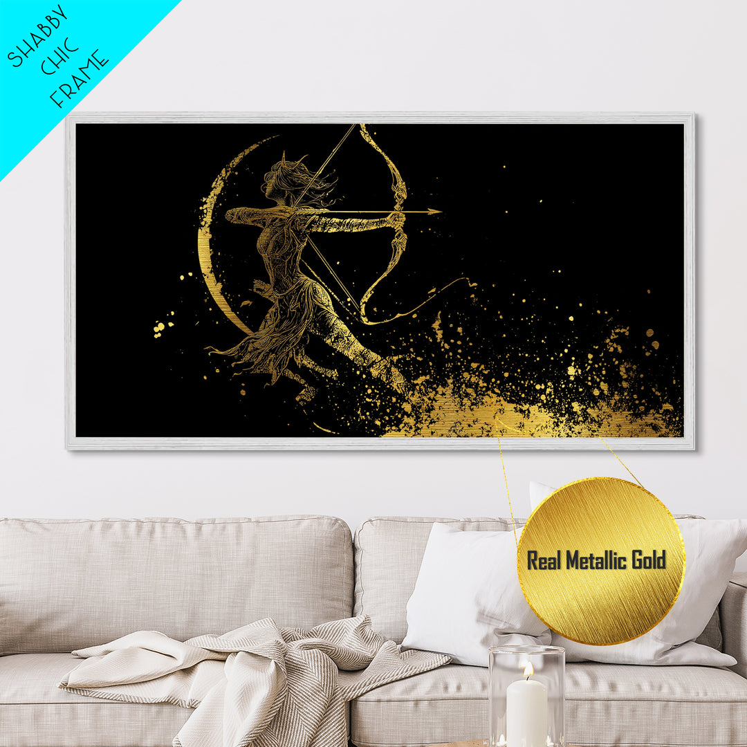 Metallic Gold Art Of Artemis Greek Goddess Archer, Black Background, Elegant Moon And Bow Design, Panoramic Mythology Wall Art