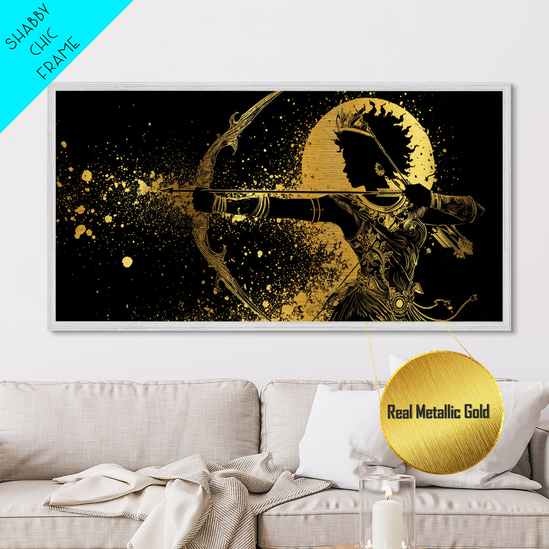Metallic Gold Metal Print Of Artemis Greek Goddess Archer, Regal Profile, Detailed Bow And Arrow, Panoramic Fantasy Wall Decor