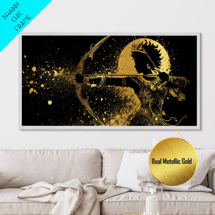 Metallic Gold Metal Print Of Artemis Greek Goddess Archer, Regal Profile, Detailed Bow And Arrow, Panoramic Fantasy Wall Decor