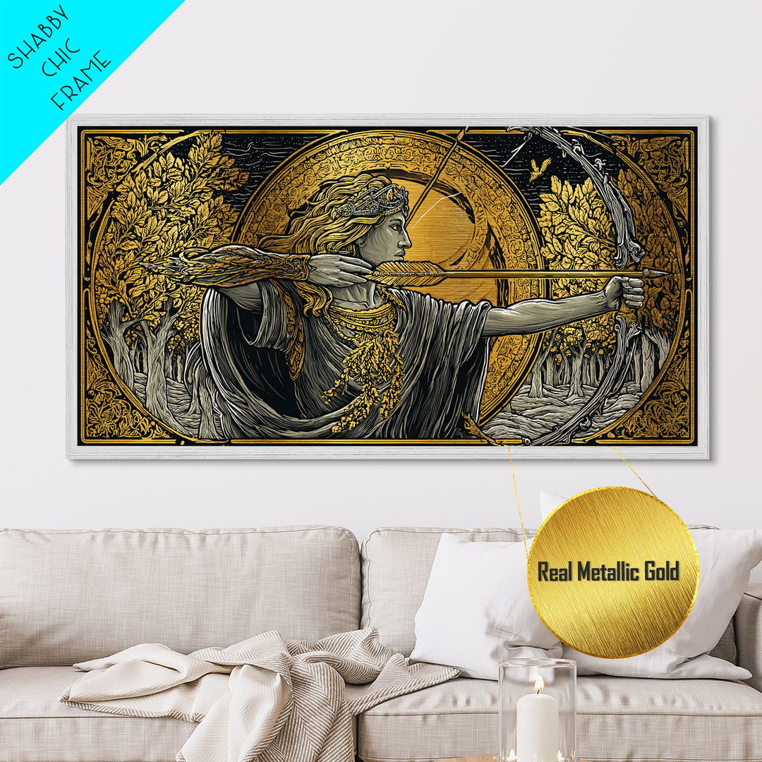 Metallic Gold Art Of Artemis Greek Goddess Archer, Classical Ornate Frame, Mythological Forest Scene, Panoramic Greek Wall Print