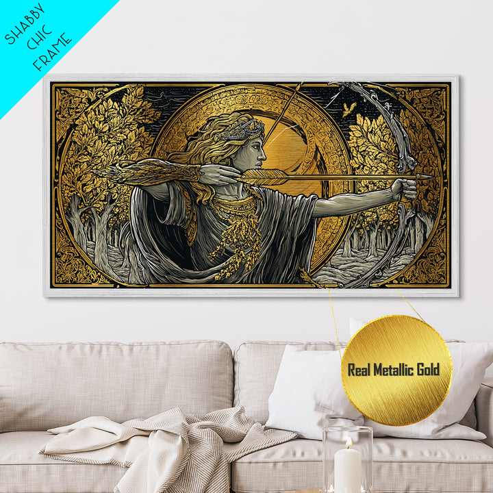 Metallic Gold Art Of Artemis Greek Goddess Archer, Classical Ornate Frame, Mythological Forest Scene, Panoramic Greek Wall Print