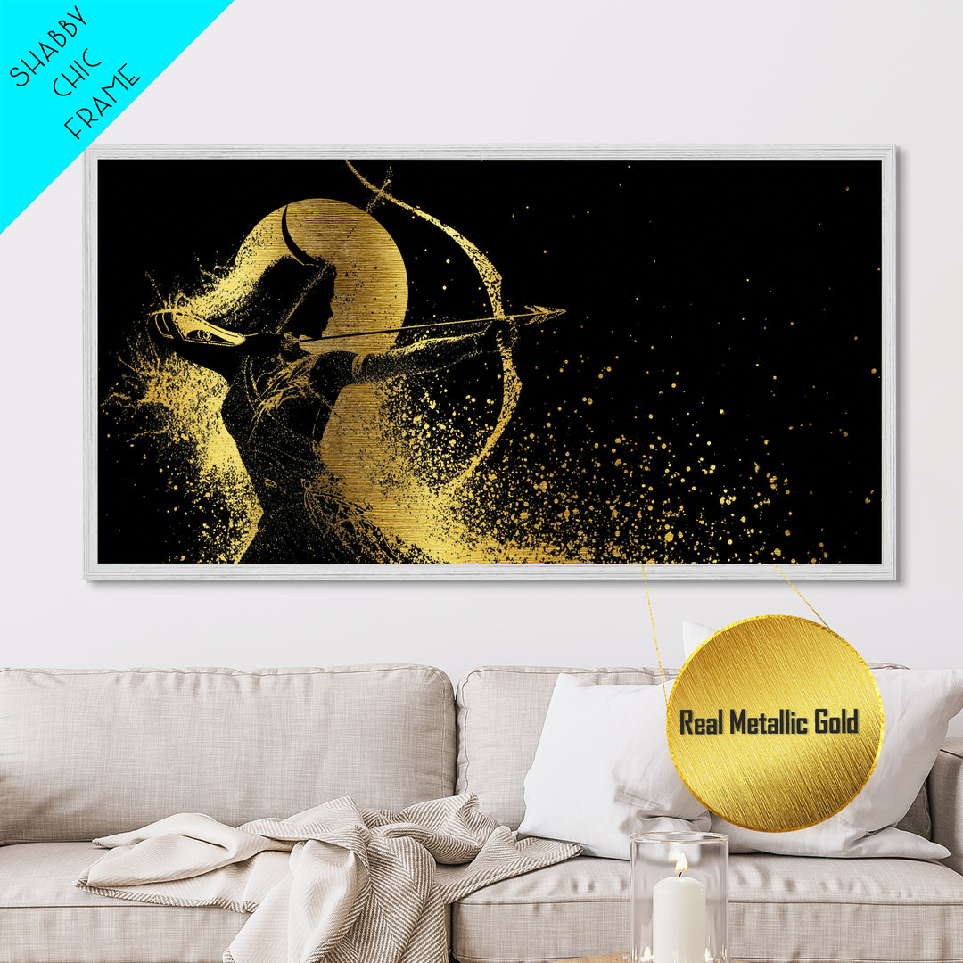 Metallic Gold Metal Print Of Artemis Greek Goddess Archer, Full Moon Silhouette, Gold Splatter Effect, Panoramic Elegant Wall Art