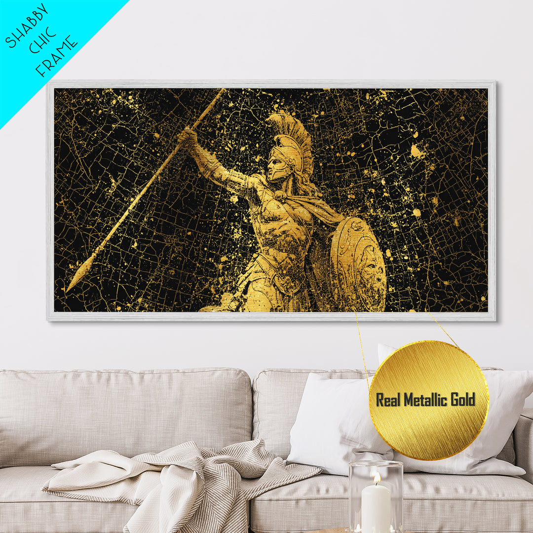 Metallic Gold Art Of Athena Greek Goddess Warrior, Ancient Greek Armor And Spear, Gold Splatter Mosaic, Panoramic Battle Wall Print